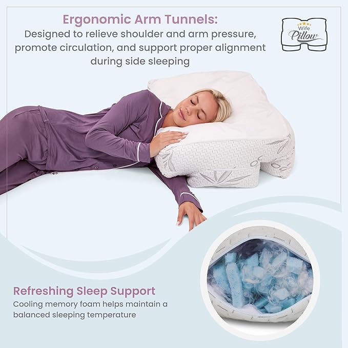 Wife Pillow Side Sleeper Pillow with Arm Hole for Shoulder Pain Relief, Arm Tunnel Design for Proper Neck & Spine Alignment, All-Night Comfort for Adults - Cooling Shredded Memory Foam