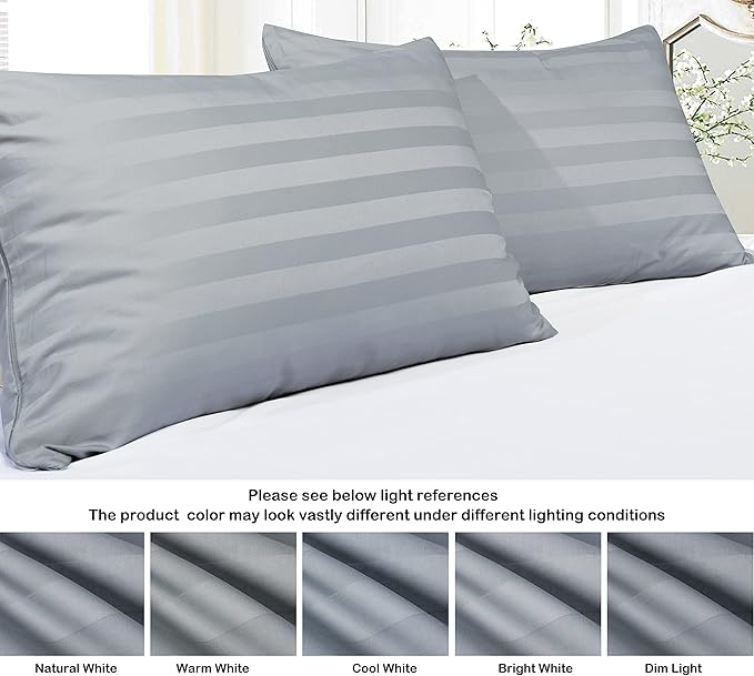 Pillow Protector Queen Size 100% Egyptian Cotton Pillow Covers, 400 Thread Count Sateen Weave Pillow Cases with Zipper Hidden, Breathable Non Noisy Easy Care, Set of 2 (Stripe-Gray)