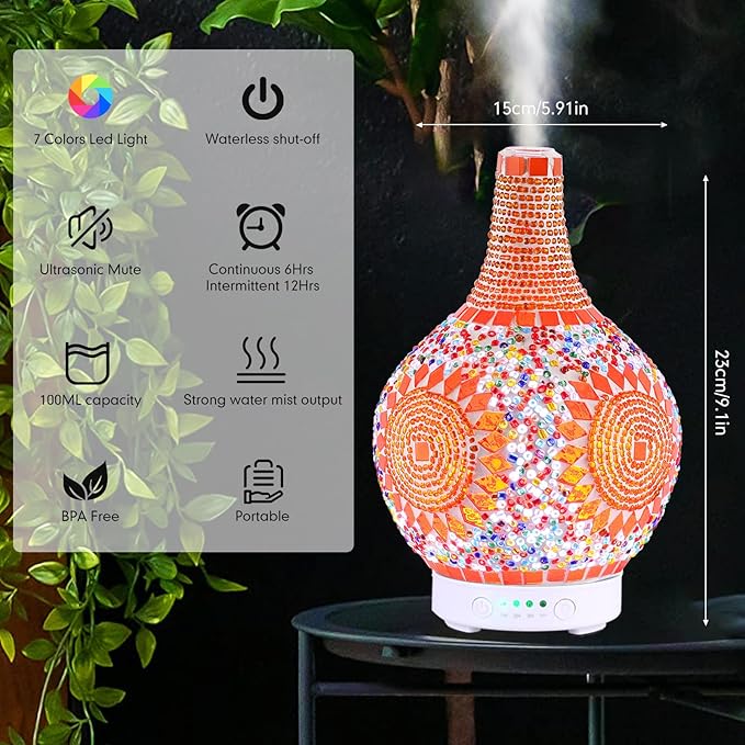 Mosaic Glass Essential Oil Diffuser,Tiffany Aromatherapy Diffuser Sunflower Pattern 100ml Turkish Moroccan Color Changing Aroma Ultrasonic Diffusers Cool Mist Air diffuser for Sleeping SPA Office Home