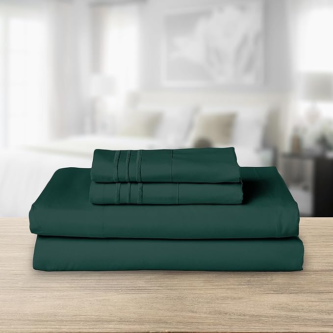 Elegant Comfort Luxurious 1500 Premium Hotel Quality Microfiber Three Line Embroidered Softest 4-Piece Bed Sheet Set, Wrinkle and Fade Resistant, Queen, Hunter Green