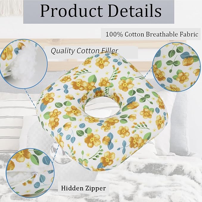 Ear Piercing Pillow for Side Sleepers, Pillow with an Ear Hole for CNH and Ear Pain Ear Inflammation Pressure Sores, O-Shaped Side Sleeping Pillow, Ear Guard Pillow (Yellow Flowers)