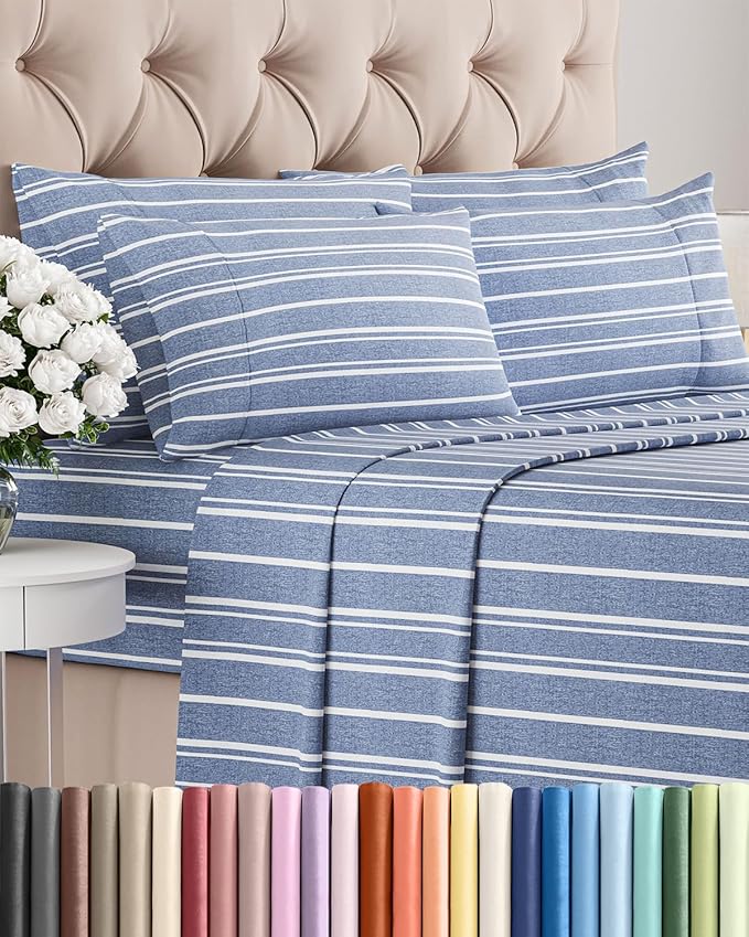 Full 6 Piece Sheet Set - Comfy, Breathable & Cooling - Soft Hotel Luxury Bedding for Women, Men, Kids, Teens and Children - 1 Flat & 1 Fitted Sheet & 4 Pillowcases with Deep Pockets - Blue Stripes 3