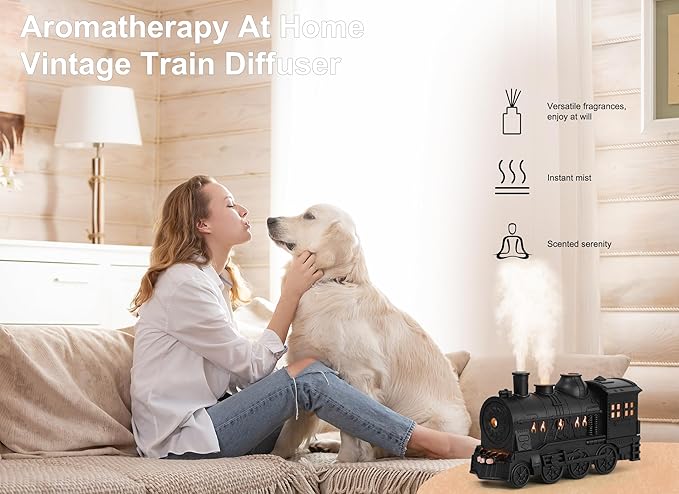 Train Shape Essential Oil Diffuser Humidifier, 2 Lighting Modes, Remote Control, Train Design Home Fragrance Diffuser, 300ml, for Bedroom Office Desktop (US Plug)