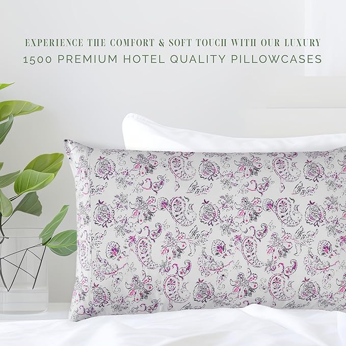 Elegant Comfort Ultra Soft Set of 2 Floral Print Pillowcases - 1500 Premium Hotel Quality Microfiber, Soft and Smooth Envelope Closure 2-Piece Pillow Covers - Standard/Queen, Paisley Purple