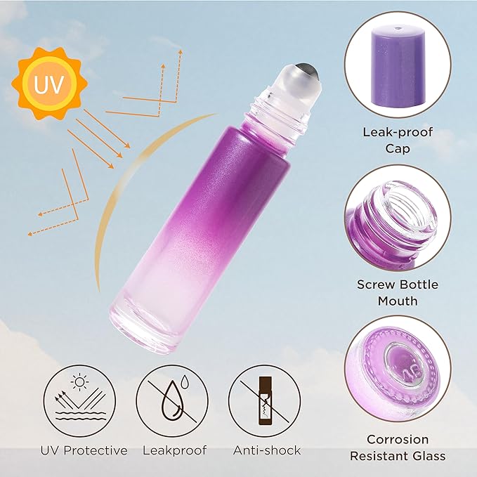 SESENSE Essential Oil Roller Bottles, 10ml Thick Glass Perfume Roller Bottles with Funnel Opener and Dropper Colored Glass Empty Bottles with Stainless Steel Roller Balls (Purple, 12 Pack)