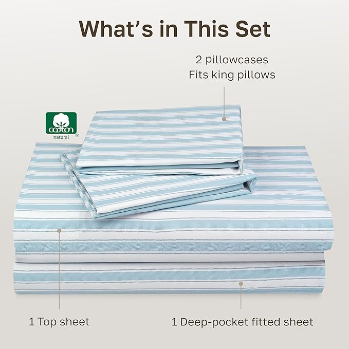 California Design Den Soft 100% Cotton Sheets Cal King Size Set, 400 TC Good Housekeeping Award Winner, Smooth Sateen Finish with Deep Pockets, Cozy and Durable Cotton Bedding Set - Cape Stripe Blue