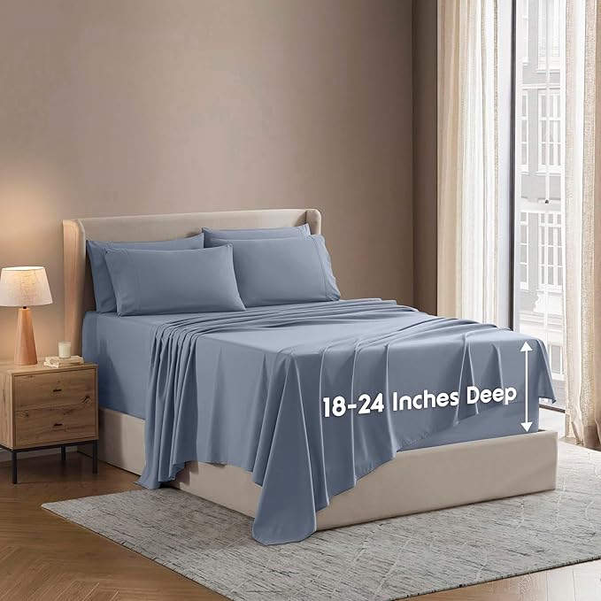 Nestl Extra Deep Queen Sheet Set - 6 Piece Breathable & Cooling Sheets - Hotel Luxury Bedding Set w/18-24 Inch Deep Pockets - Easy & Secure Fit - Super Soft, Wrinkle Free & Comfy - Stone Blue