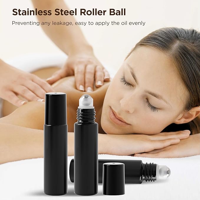 Essential Oil Roller Bottles, 10ml Thick Glass Perfume Roller Bottles with Funnel Opener and Dropper Colored Glass Empty Bottles with Stainless Steel Roller Balls (Black, 12 Pack)