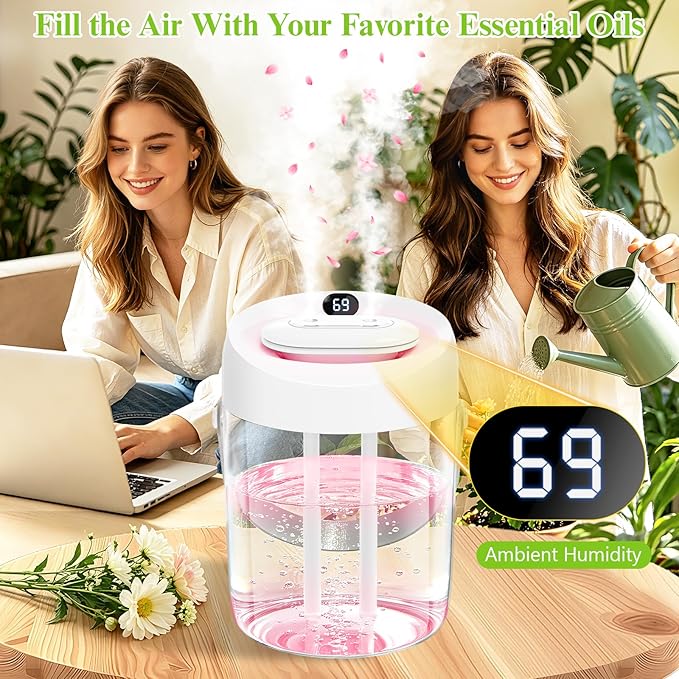 Portable Small Humidifiers for Bedroom, Aroma Diffuser for Home Personal Desktop Plant Humidifier Indoor Fragrance Aroma Diffuser with 2 Modes, Night Light and Auto-Off