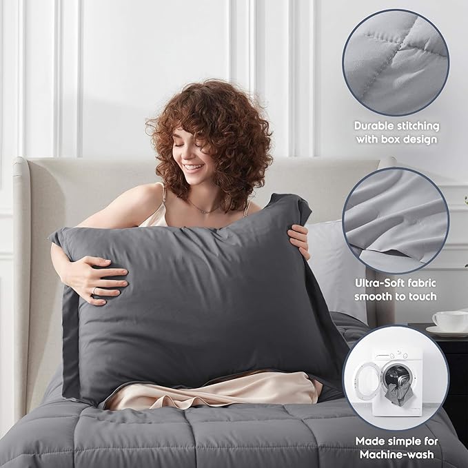 Nestl 7 Piece Twin Comforter Set – Dark Grey Reversible Bed in a Bag – Complete Twin Size Bedding Set with Sheets, Set of 2 Cooling Pillows, Pillowcase and Sham