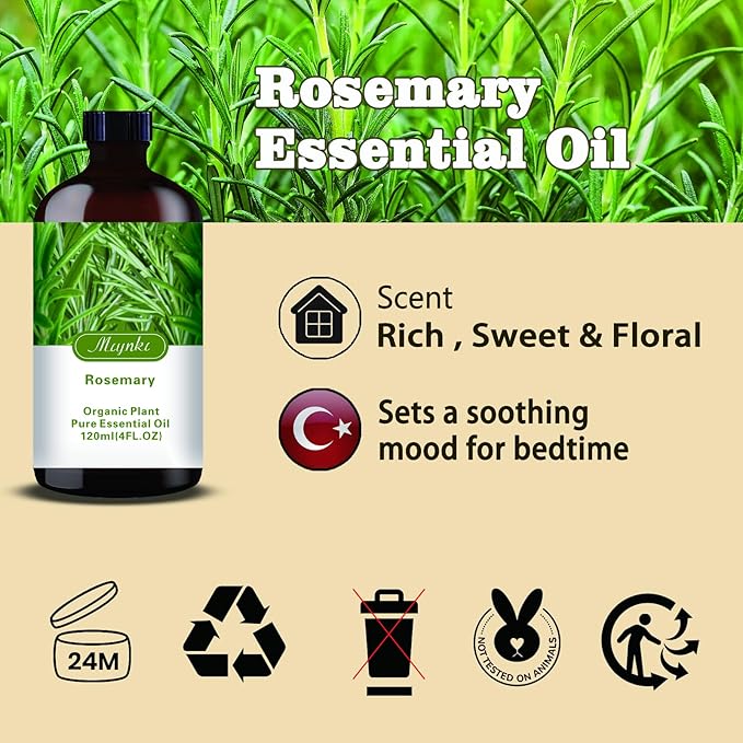 Rosemary Essential Oil – MLYNKL Rosemary Oils 4.33 fl oz for Diffusers, Humidifiers, Massage, DIY Candles, Soap, Cleaning, Home, Yoga, Office, Gifts - 130 ml