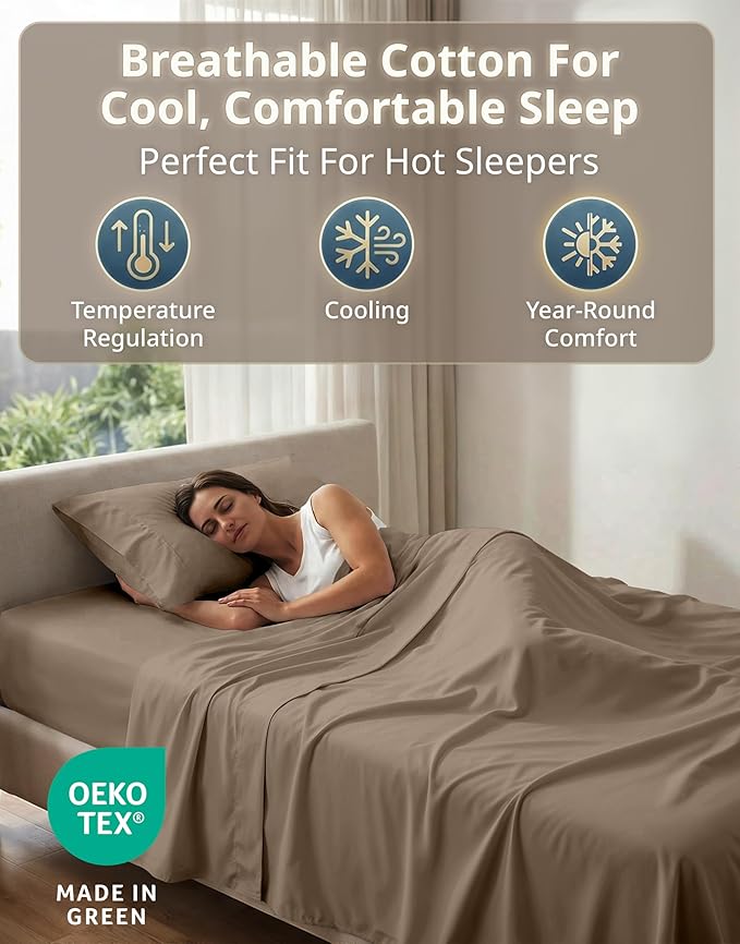 LANE LINEN 100% Cotton Sheets Set - 600 Thread Count Premium Sateen Weave for Extra Gentle Feel On Skin - Cooling Sheets for a Deep Sleep - 15'' Deep Pocket for Snug Fit to Your Mattress - Taupe