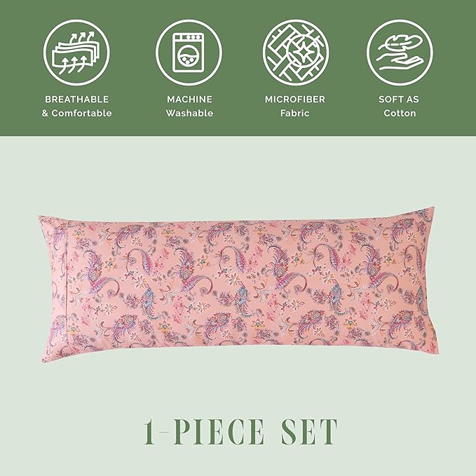 Elegant Comfort Ultra Soft 1-Piece Set Floral Print Pillowcases - 1500 Premium Hotel Quality Microfiber, Soft and Smooth Hidden Zipper Closure 1-Piece Pillow Covers - Body Pillowcase, Paisley Coral