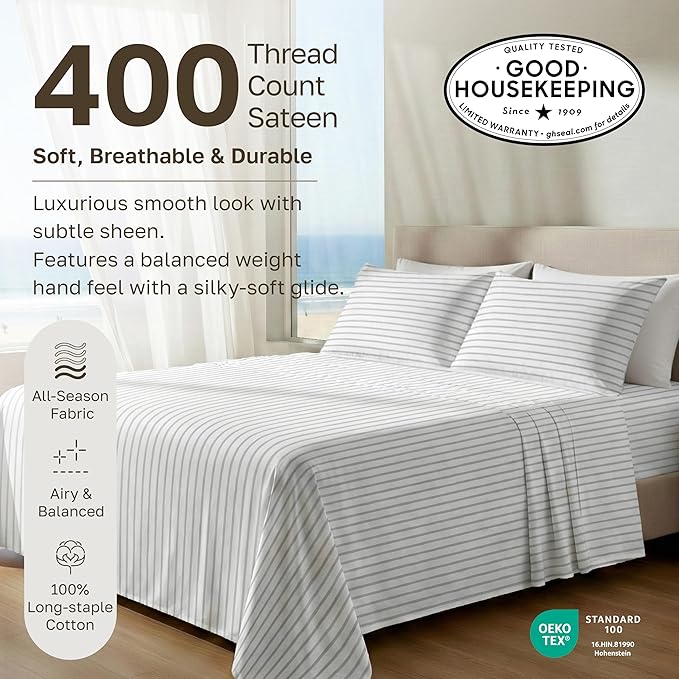 California Design Den Soft 100% Cotton Queen Size Bed Sheets Set, 400 TC Good Housekeeping Award Winner, Smooth Sateen Finish with Deep Pockets, Cozy and Durable Queen Bedding Set - Pinstripe