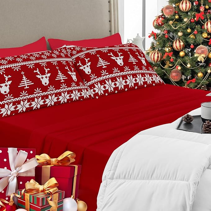 YIYEA Christmas Pillow Cases Standard Size Set of 4, Ultra Soft Double Brushed Microfiber Red Pillowcases and Christmas Reindeer Pillow Covers, Envelope Closure, Fade Resistant (20"x26")