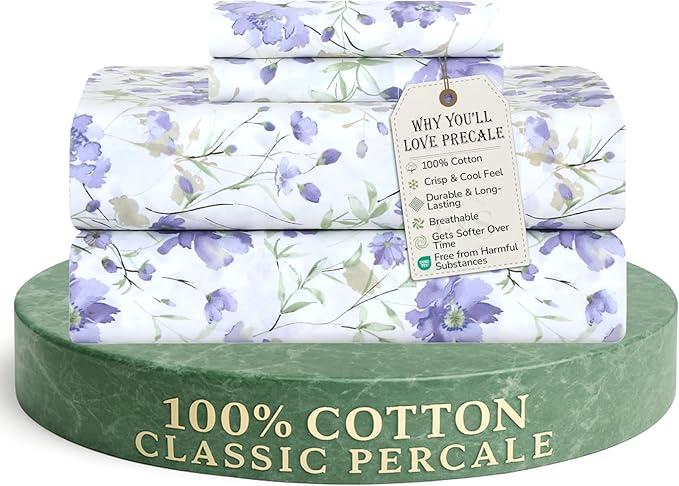 Feather & Stitch Softest 100% Cotton Sheets, 300 Thread Count Percale Weave Bedding, 16" Deep Pocket, Cooling Sheets, Breathable Bed Set, Hotel Premium Quality (King, Violet Breeze)
