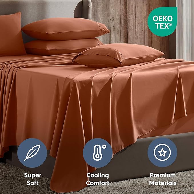 Nestl Extra Deep Queen Sheet Set - 6 Piece Breathable & Cooling Sheets - Hotel Luxury Bedding Set w/18-24 Inch Deep Pockets - Easy & Secure Fit - Super Soft, Wrinkle Free & Comfy - Rust
