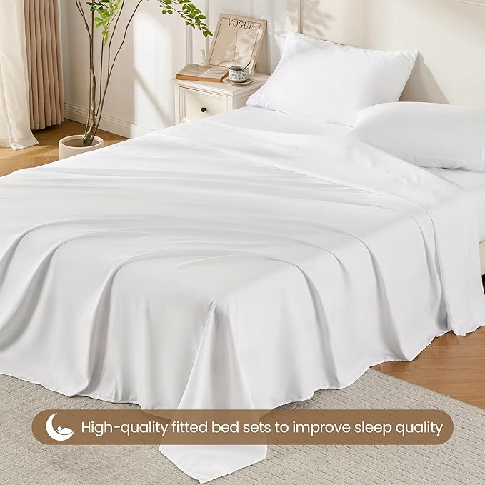 ROSE&RISY White Twin Sheet Set, 3 Pieces Soft Bedding Twin Sheet Set, Breathable and Cooling,Includes Fitted, Flat, Pillow Cases - Deep Pocket (White, Twin)