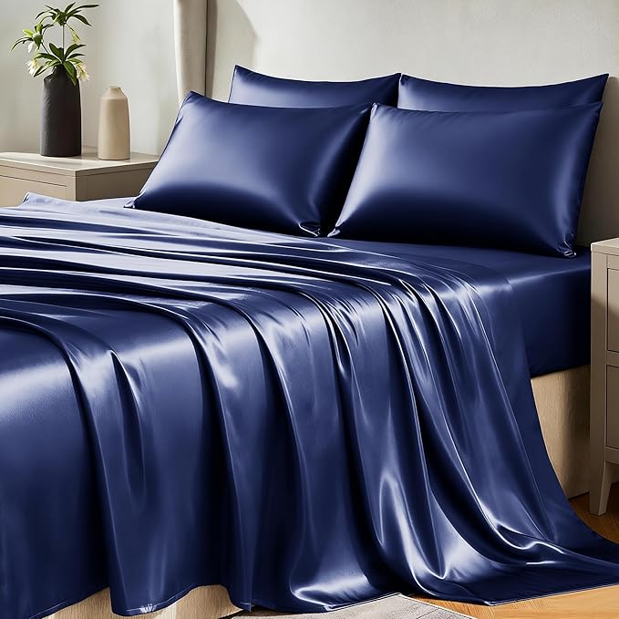 CozyLux Satin Sheets King Size Sheet Set - 6 Piece Silky King Sheets, Luxury Navy Blue King Bed Set with Smooth and Soft Microfiber, Includes 1 Fitted Sheet, 1 Flat Sheet and 4 Pillowcases