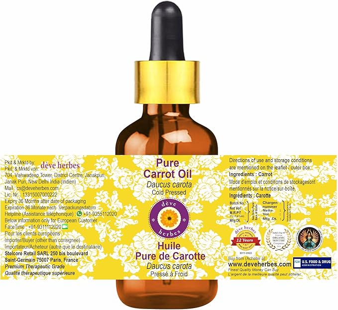 Deve Herbes Pure Carrot Oil (Daucus carota) with Glass Dropper Cold Pressed 5ml (0.16 oz)