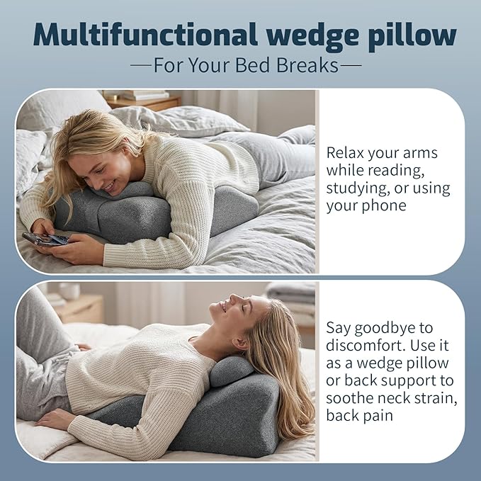Ergonomic Wedge Prone Pillow,Memory Foam Multi-Functional Bed Pillow,Reading Pillow,Ideal for Bed Breaks,Massage,Reading,Back Support,Sleeping,and Leg Pain Relief