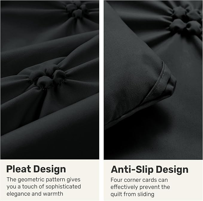 UNIKOME Queen Comforter Set Black - Ultra Soft Boho Pintuck Down Alternative Bedding Set for All Seasons, 3 Pieces Lightweight Warm Pinch Pleat Bed Set with Comforter, 2 Pillowcases