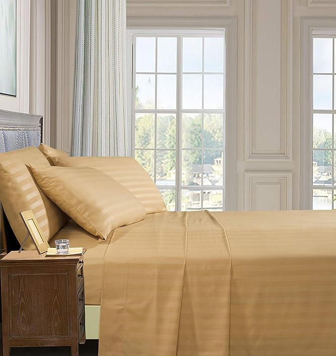 Elegant Comfort Best, Softest, Coziest 6-Piece Sheet Sets! - 1500 Premier Hotel Quality Luxurious Wrinkle Resistant 6-Piece Damask Stripe Bed Sheet Set, Queen Camel/Gold