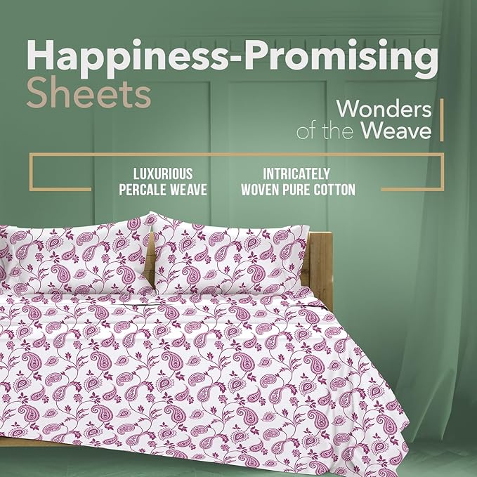 TEXAS LINEN CO. 100% Organic Cotton Printed Sheets Twin XL Size - 3 PC Organic Cotton Percale Sheets Twin XL (Paisley), Cooling Sheet for Dorm Room, 16" Deep Pocket Hotel Set - GOTS Certified