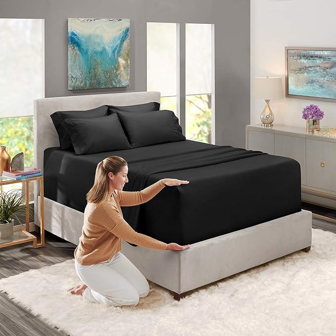 Hearth & Harbor Extra Deep Pocket Queen Sheets Sets - Fits Mattress 18-24 Inches Deep - Extra Deep Pocket Sheets - 6 Piece Queen Size - Black
