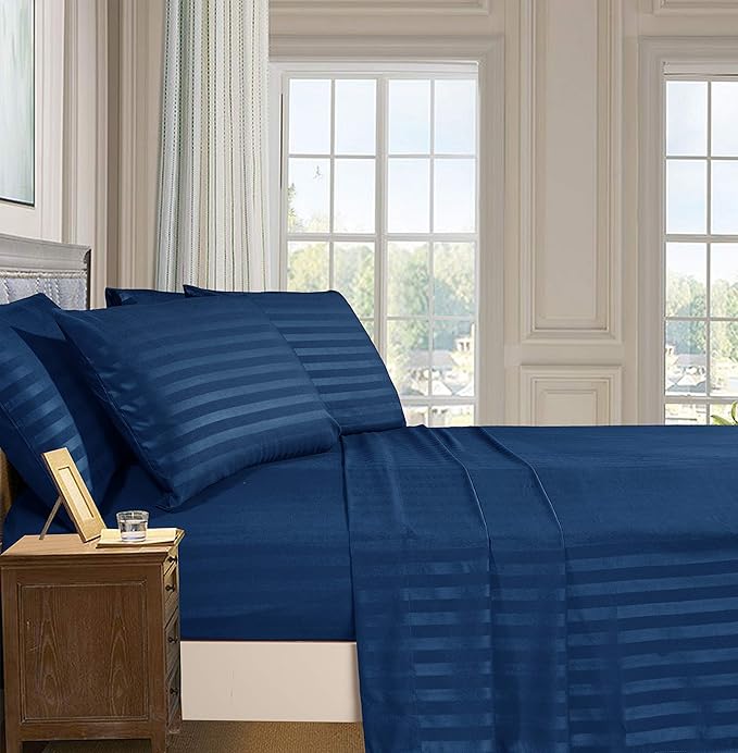 Elegant Comfort Softest and Coziest 4-Piece Sheet Set - 1500 Premium Hotel Quality Microfiber - Luxurious Wrinkle Resistant 4-Piece Damask Stripe Bed Sheet Set, Twin XL, Navy Blue
