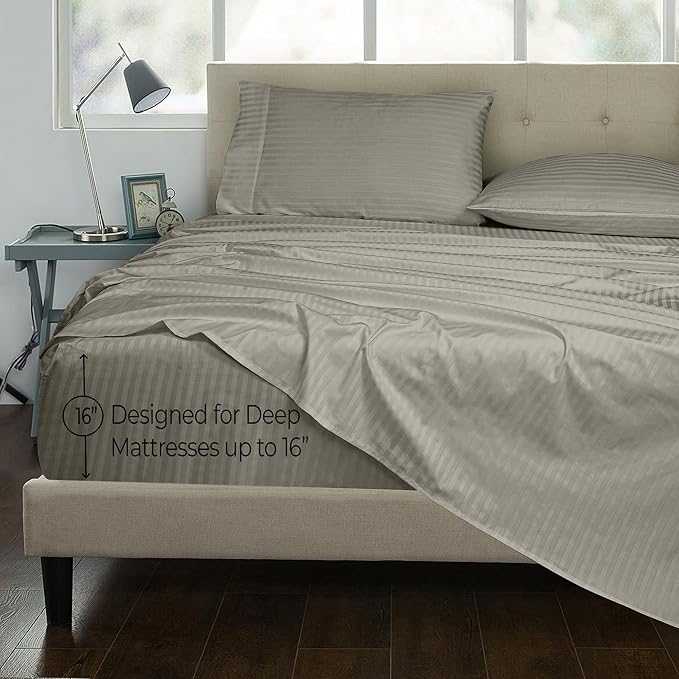 ROYALE LINENS 300 Thread Count 100% Long Staple Combed Cotton Striped Sheet Set - 3 Piece Twin Bed Sheets - 1 Fitted, 1 Flat & Pillow case -Soft Cool & Crisp Sheet Set (Twin, Stripe Silver)