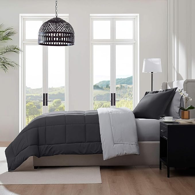 Nestl 7 Piece Twin Comforter Set – Dark Grey Reversible Bed in a Bag – Complete Twin Size Bedding Set with Sheets, Set of 2 Cooling Pillows, Pillowcase and Sham