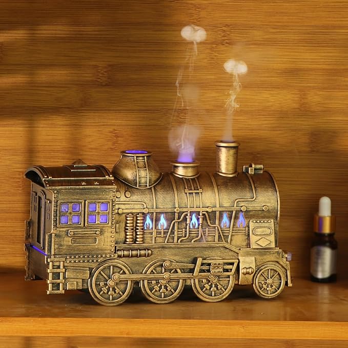 300ml Vintage Steam Train Aromatherapy Essential Oil Diffuser with Dual-Color LED Light, Train Oil Diffuser, 2 Mist Modes, Auto Shut-Off, Ultra-Quiet Humidifier for Home, Office (Silver,Colorful)