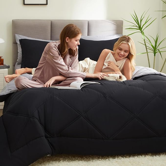 Joiedomi Queen Comforter Set with Sheets Black, 7 Pieces Queen Bed Set with 1 Down Alternative Comforter, 1 Flat Sheet, 1 Fitted Sheet, 2 Pillowcases and 2 Pillow Shams, Bed in a Bag for All Seasons