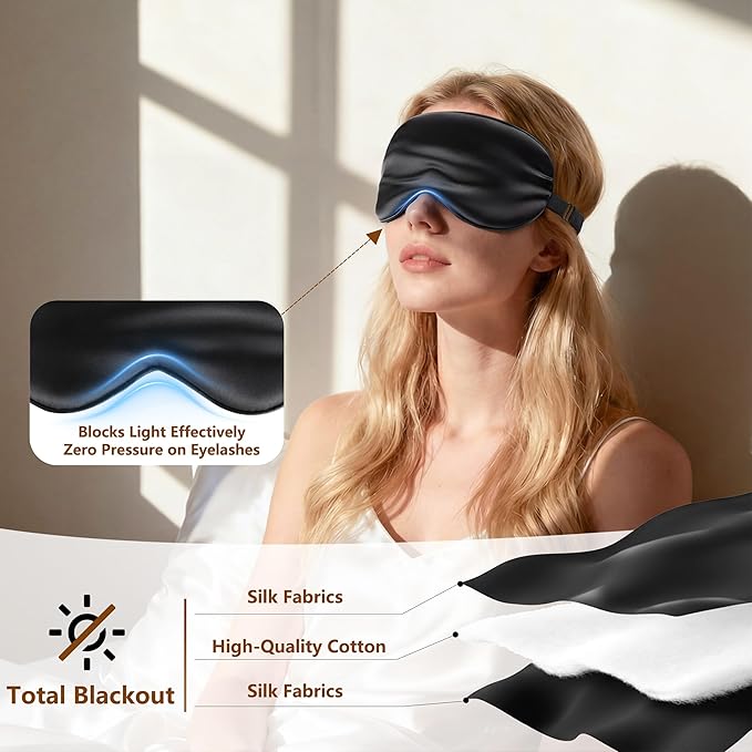 Sleep Mask Silk Eye Mask for Men Sleeping Mask, Adjustable Elastic Strap for Night Shading Sleep Mask, Soft and Comfortable for Both Men and Women (Black, 2 Packs)