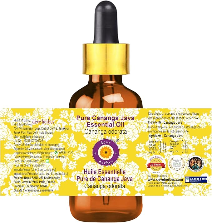 Deve Herbes Pure Cananga Java Essential Oil (Cananga odorata) with Glass Dropper Steam Distilled (Pack of Two) 100ml X 2 (6.76 oz)
