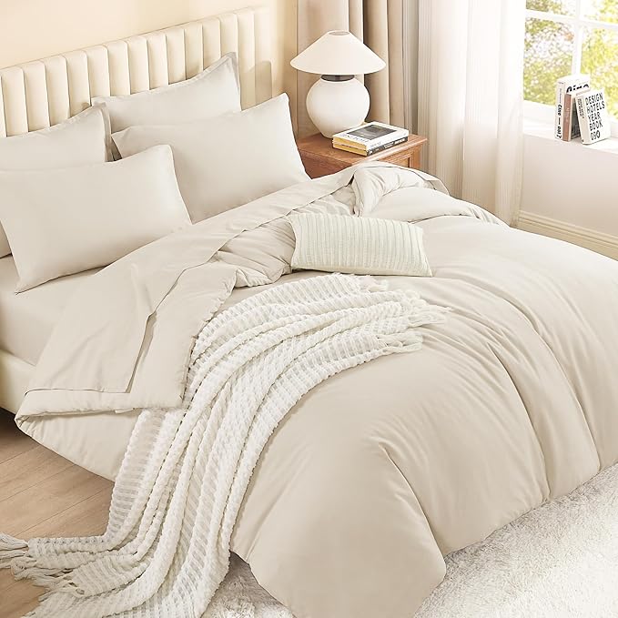 Litanika Twin/Twin XL Size Comforter Set - 5 Piece Bed in a Bag Beige, Lightweight Solid Includes Comforter, Sheets, Pillowcases & Shams