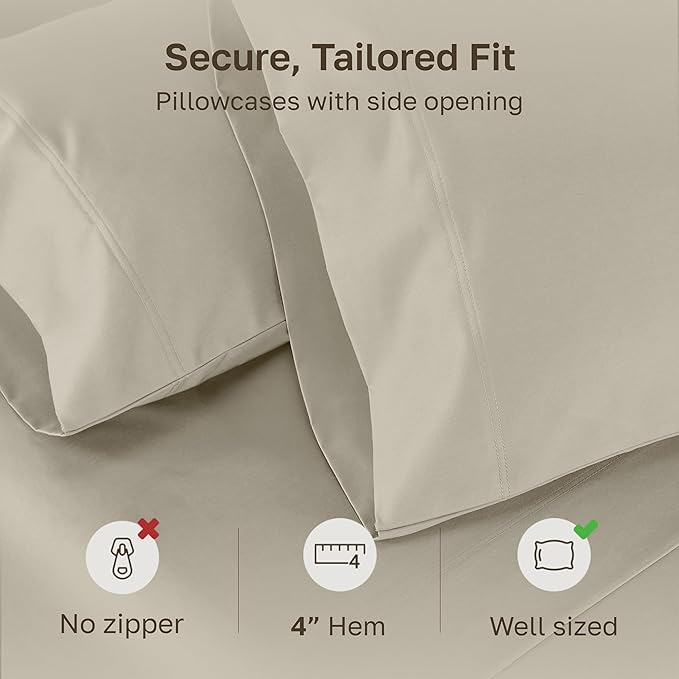 California Design Den Pillow Cases Standard Size Set of 2-800 Thread Count Sateen, Natural 100% Cotton Pillowcases, Fits Standard & Queen Pillows - Beige