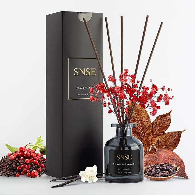 SNSE Tobaco & Vanilla with Flowers Perfumed Reed Diffuser Set | 3.38 oz Scent Fragrance Oil Diffuser for Bedroom, Bathroom, Home Décor and Gift, Decorative Air Fresheners with Sticks