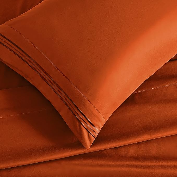 Manyshofu Extra Deep Pocket Queen Sheet Sets - Hotel Luxury 1800 Thread Count Sheets & Pillowcases - Microfiber Bedding Set up to 24" Mattress - Burnt Orange Bed Sheets 18-24 Inch Deep Pockets - 4Pcs