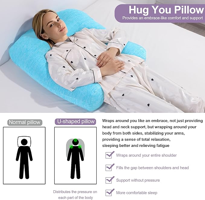 HOMBYS Cooling U Shaped Pillow for Neck, Contour Shoulder Pillow for Side Sleepers, Ergonomic Body Pillows for Adults, Hug Pillow with Washable Cover for Back, Shoulder Pressure Reduce (Light Blue)