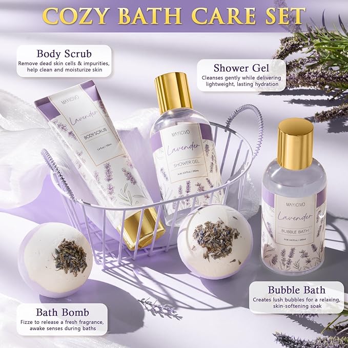Mothers Day Birthday Gifts for Women, Lavender Relaxing Spa Gift Baskets for Women Self Care Package Bath Gift Set, Home Bath and Body Kit Pamper Gifts for Womens Her Mom Friends Wife Girlfriend Wife