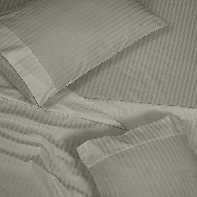 ROYALE LINENS 300 Thread Count 100% Long Staple Combed Cotton Striped Sheet Set - 3 Piece Twin Bed Sheets - 1 Fitted, 1 Flat & Pillow case -Soft Cool & Crisp Sheet Set (Twin, Stripe Silver)
