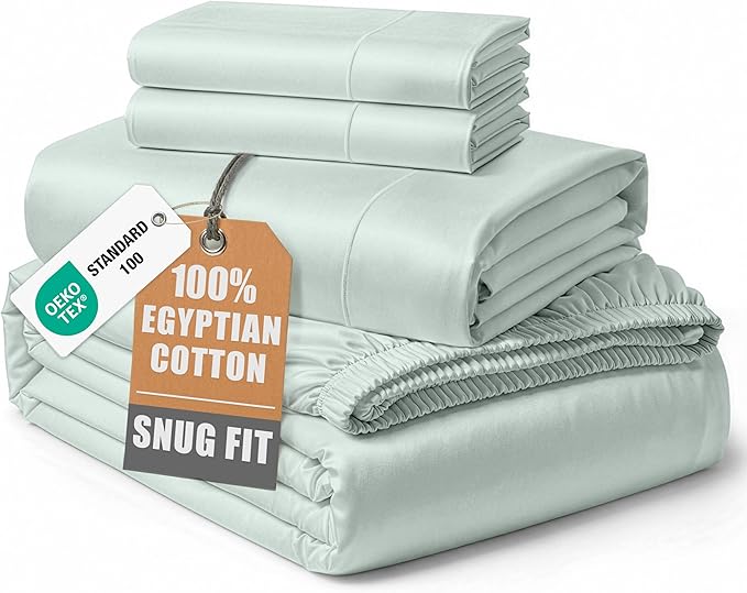 LANE LINEN 100% Egyptian Cotton Ultra Soft Queen Size Sheets Set, Mercerized Silky Sateen Weave, Fully Elasticized Fitted Sheet with French Seam, Hotel Quality Thick Luxury Bed Sheets – Murmur