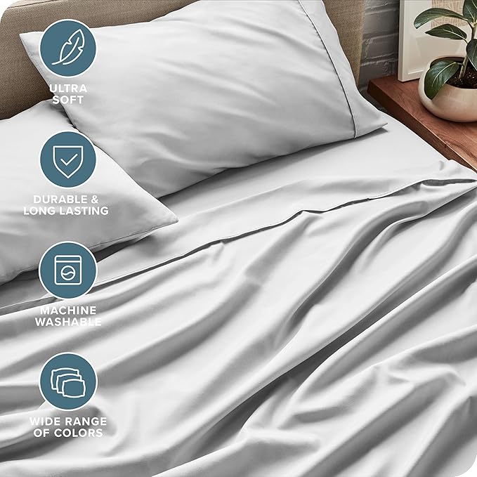 Bare Home Queen Sheet Set - 1800 Ultra-Soft Microfiber Queen Bed Sheets - Double Brushed - Deep Pockets - Easy Fit - 4 Piece Set - Bedding Sheets & Pillowcases (Queen, Cloud Grey)