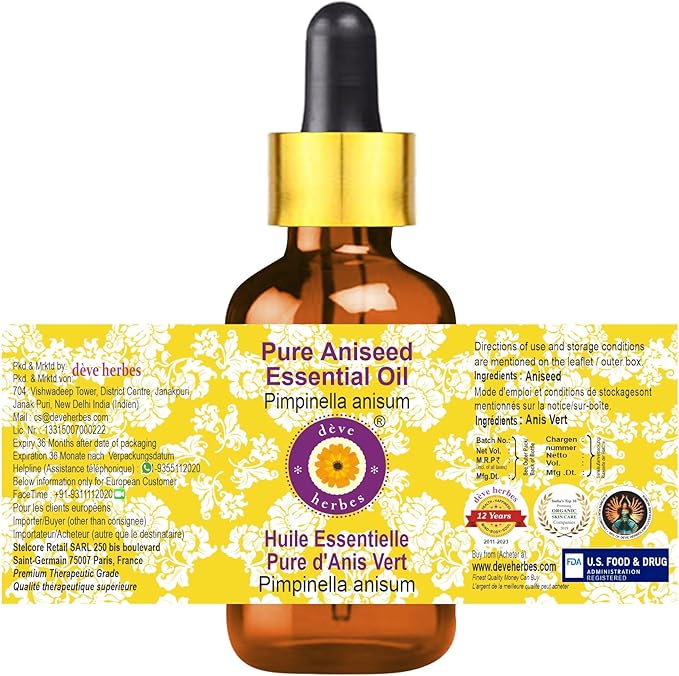 Deve Herbes Pure Aniseed Essential Oil (Pimpinella anisum) with Glass Dropper Steam Distilled 10ml (0.33 oz)