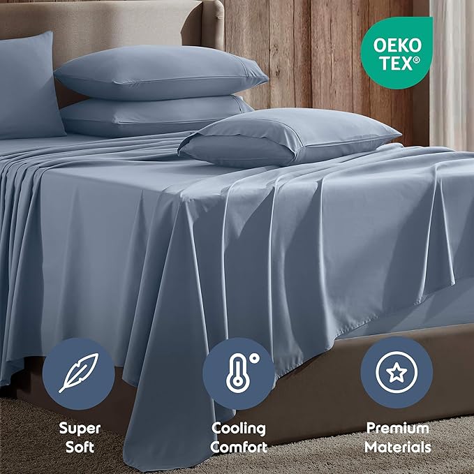 Nestl Extra Deep Queen Sheet Set - 6 Piece Breathable & Cooling Sheets - Hotel Luxury Bedding Set w/18-24 Inch Deep Pockets - Easy & Secure Fit - Super Soft, Wrinkle Free & Comfy - Stone Blue