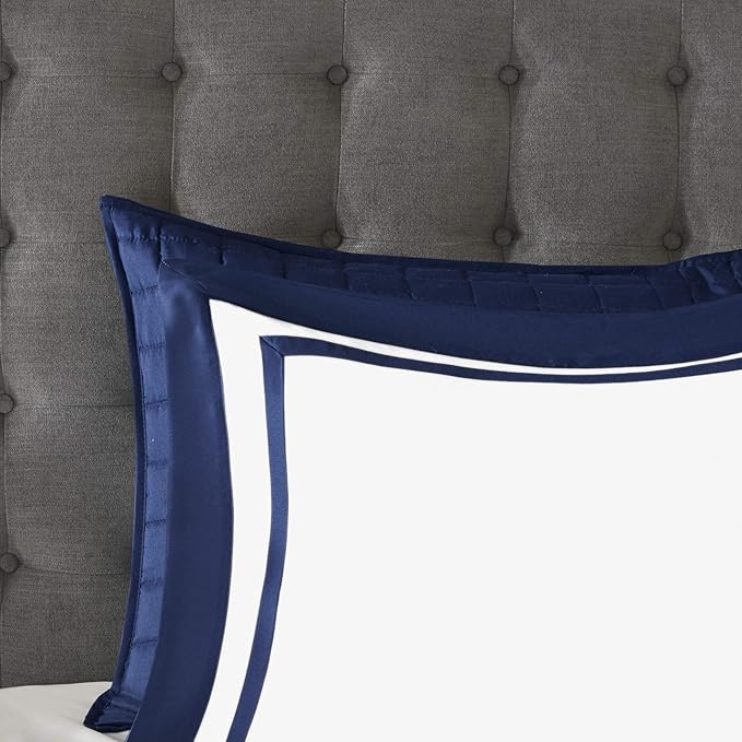 Madison Park Heritage Comforter Quilt Combo Set - Modern Luxury Design, All Season Down Alternative Bedding, Matching Shams, Decorative Pillows, Full/Queen(90"x90"), Color Block Navy 8 Piece
