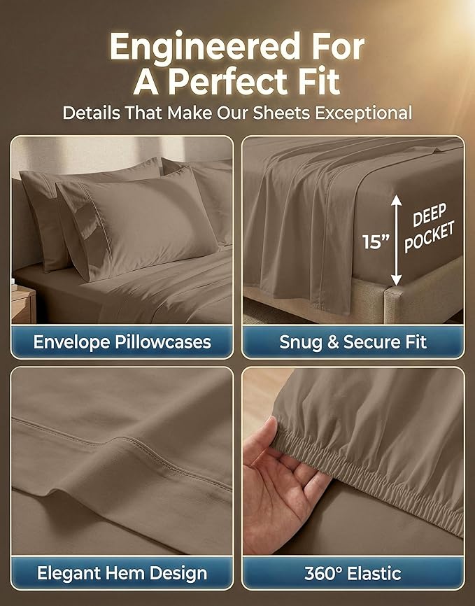 LANE LINEN King Bed Sheet Set – 600 Thread Count Long-Staple 100% Cotton Sheets King Size, Naturally Cool & Durable, Year Around Use, 15" Deep Pocket Fitted Sheet for Snug Fit – Taupe