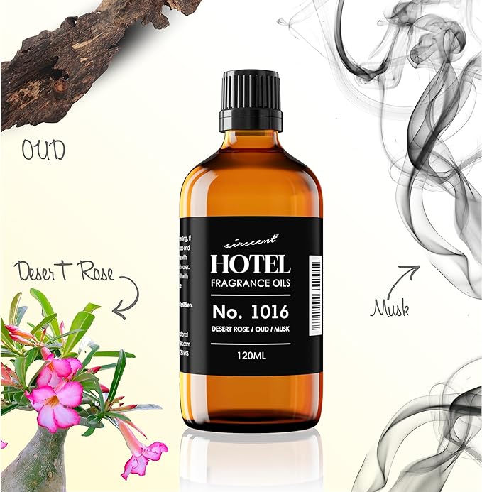 AirScent Hotel Diffuser Oil No. 1016 - Hotel Scent Dupe - Caraway Desert Rose and Oud - Premium Fragrance Oil for Ultrasonic and Waterless Diffusers and Crafting - 120 mL, 4 fl oz Glass Dropper Bottle